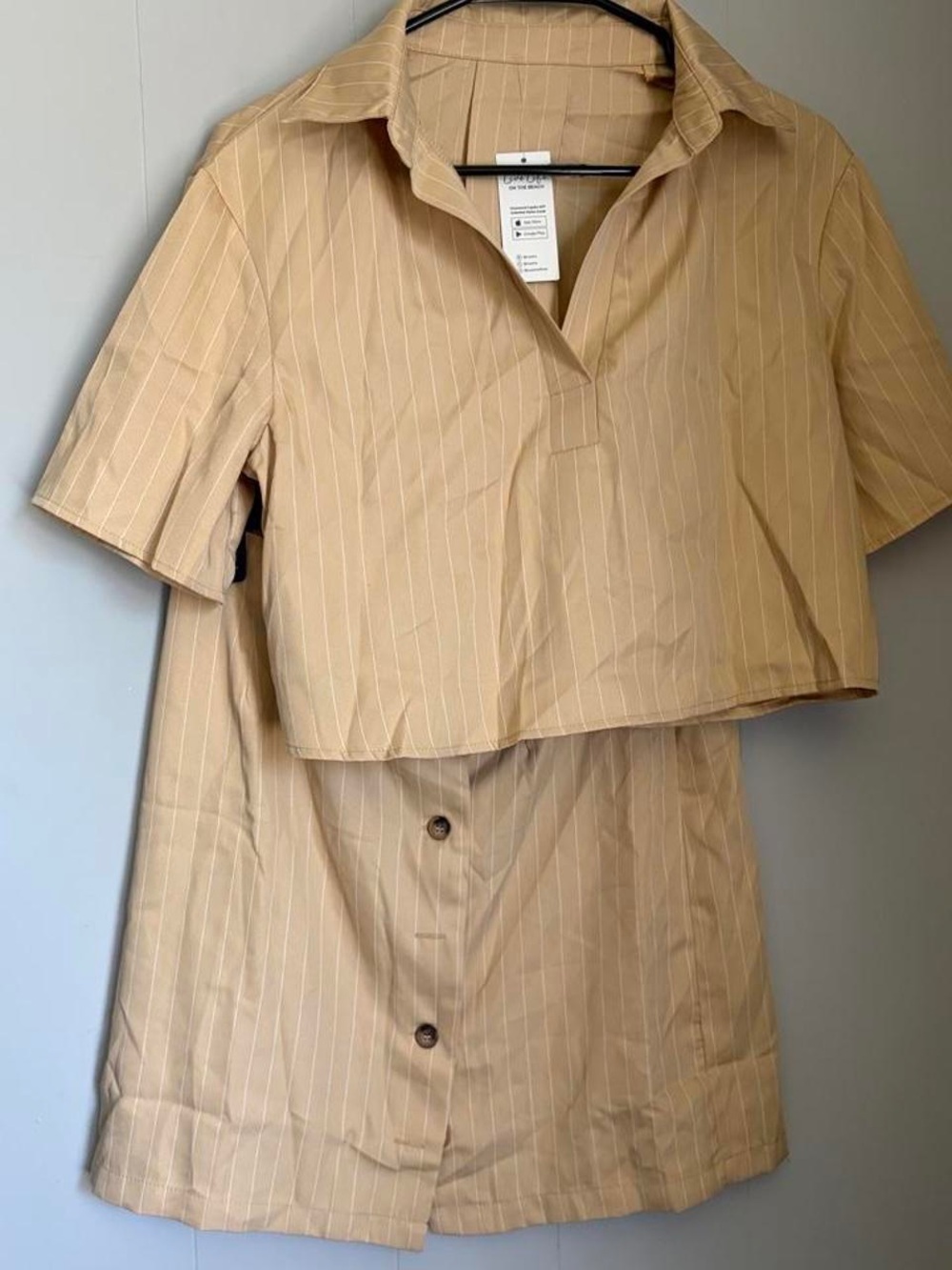 Cupshe Beige Pinstripe Cropped Collared Top & skirt